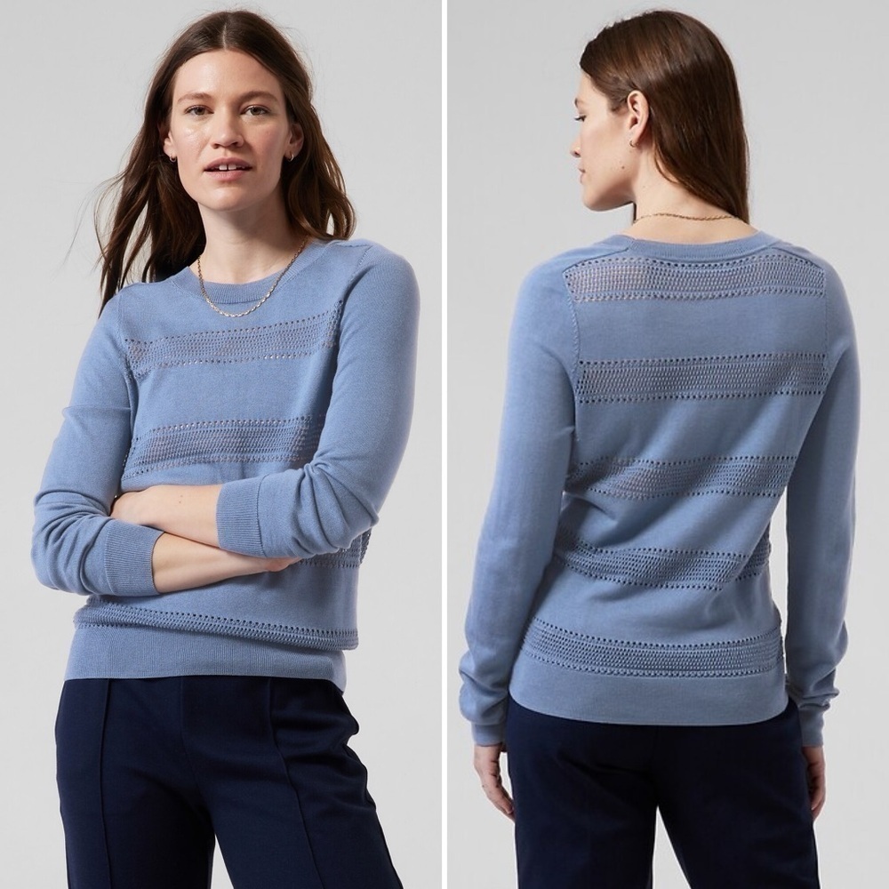 Athleta Dusty Blue Crewneck Openwork Stripe Sweater